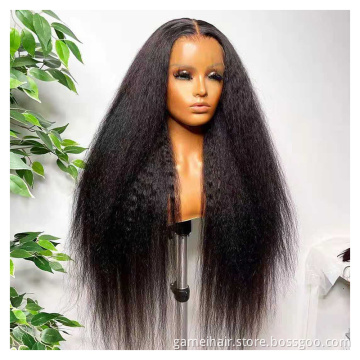 Kinky Straight Wig Glueless Brazilian Yaki Straight Lace Front Human Hair Wig For Black Women Pre Plucked Bleached Knot Remy Wig